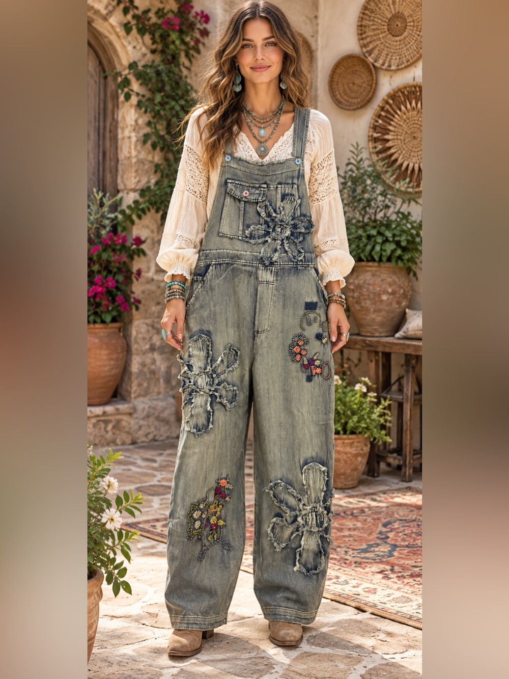 H282 NWT Blue Velvet XL w20-24 Washed Light Blue Floral-Appliqué Denim Overalls